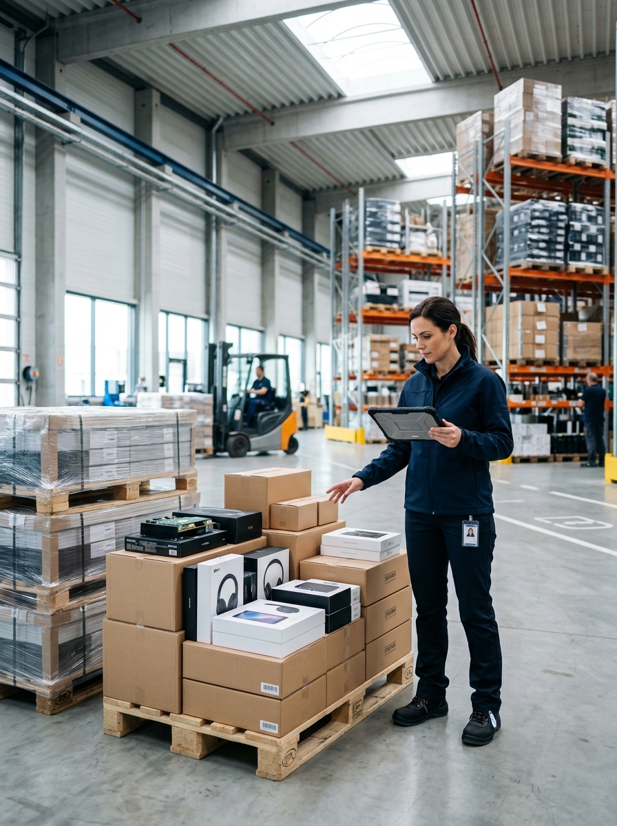 Modern logistics warehouse with diverse industrial and commercial cargo