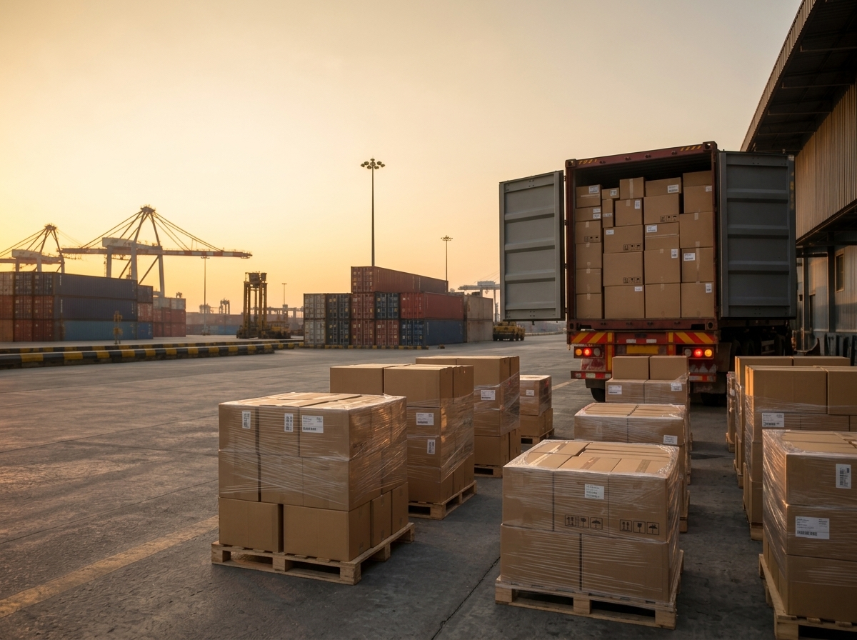 Global trade shipping container truck unloading cargo boxes and cartons at international port