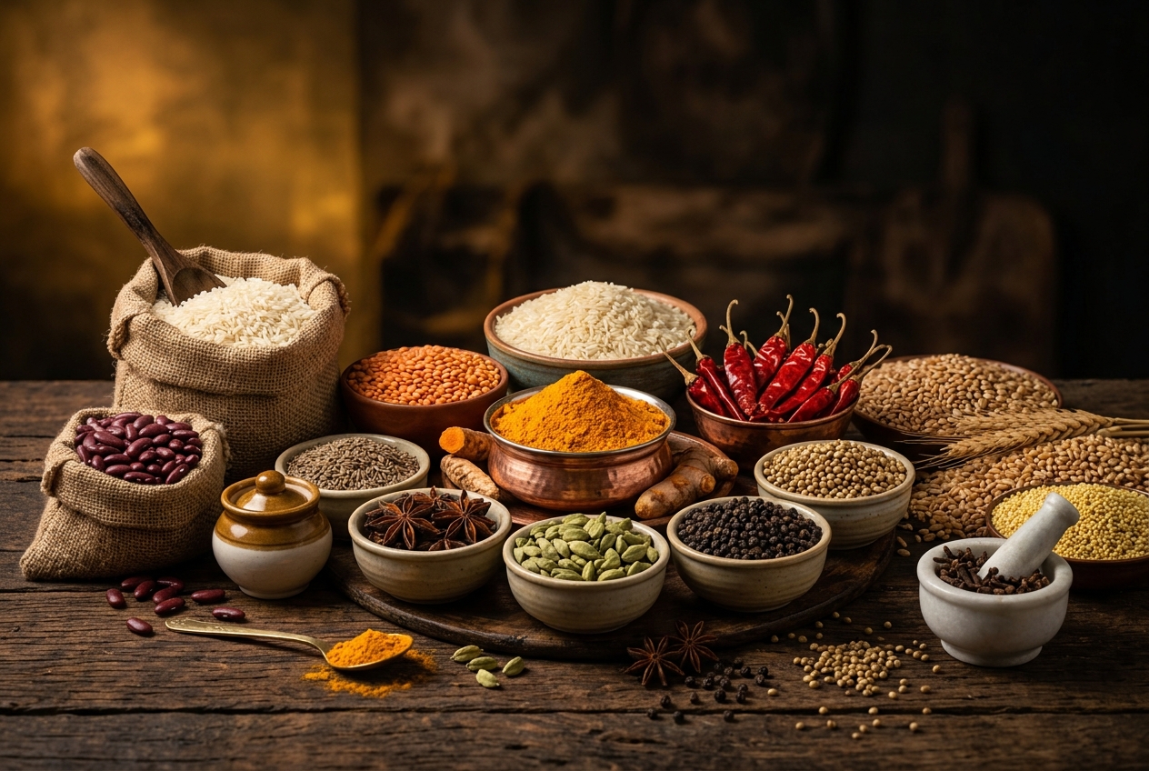 Agricultural products and food items including spices, rice and grains