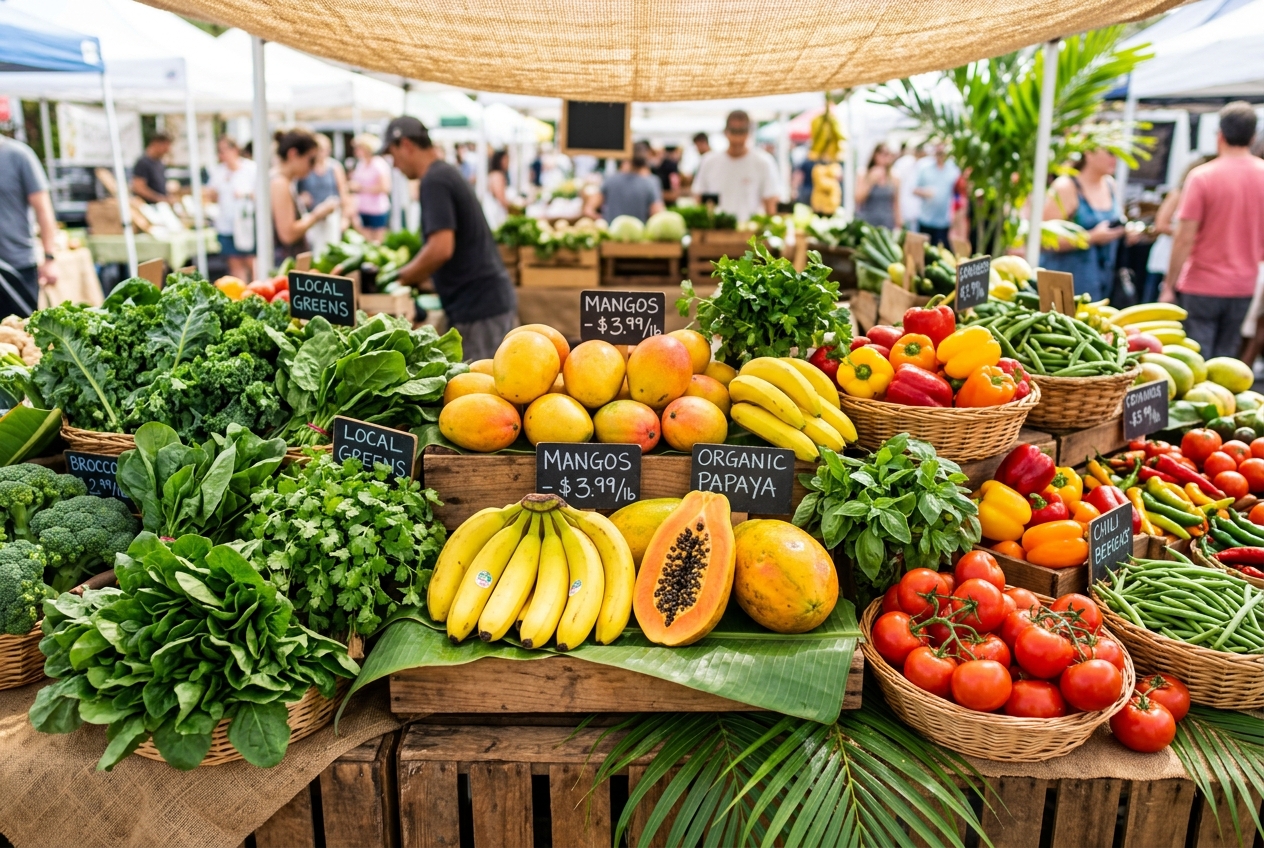 Fresh fruits and vegetables including mangoes and tropical produce