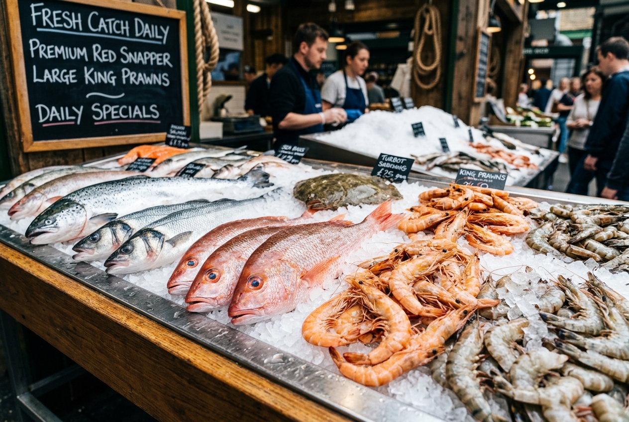 Fresh seafood including fish and prawns on ice
