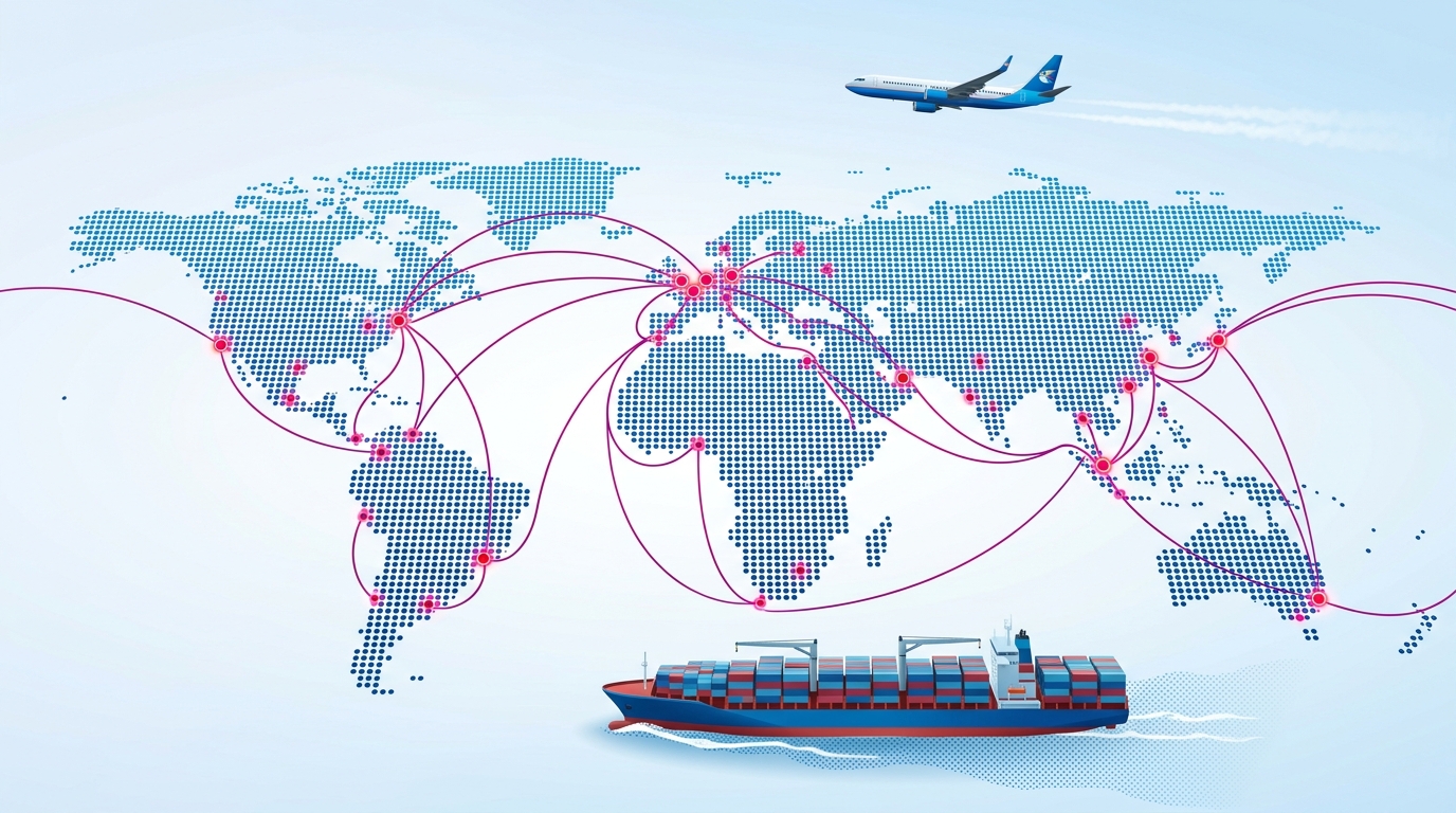 World map showing PrimoGlobal trade routes from India to global markets with curved route lines